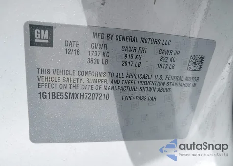 2017 Chevrolet Cruze Lt Auto из США, поврежденный, VIN 1G1BE5SMXH7207210